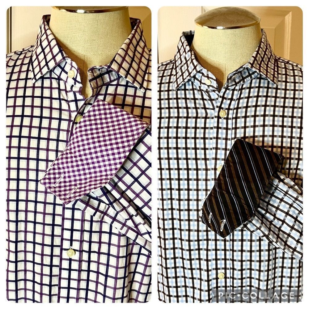 NWOT Men's Lot of 2 Thomas Dean Plaid Check Flip Cuff Shirts Size XXL 2XL
